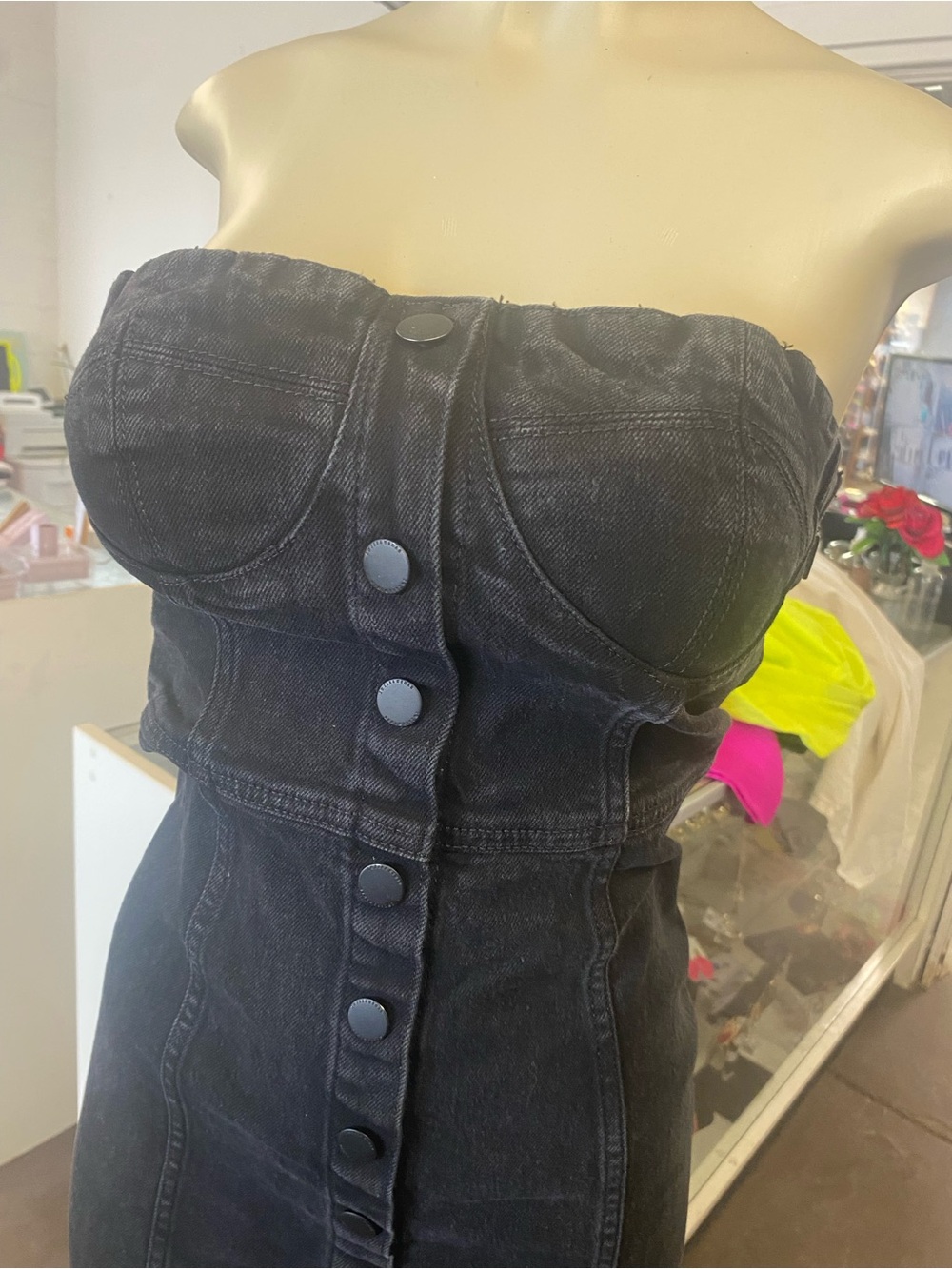 Zara Strapless Black Button-Front Midi Dress - Picture 2 of 4
